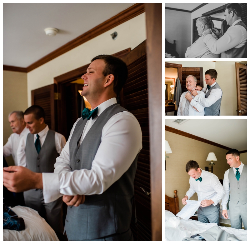 Groom helps father get ready on wedding day at The Tides Inn in Irvington, Virginia.