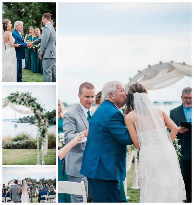 Father of the bride gives bride to groom at altar at The Tides Inn in Irvington, Virginia.