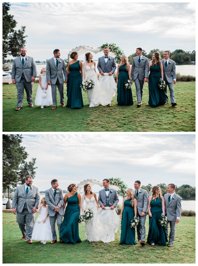 Bridal party laughs together at The Tides Inn in Irvington, Virginia.
