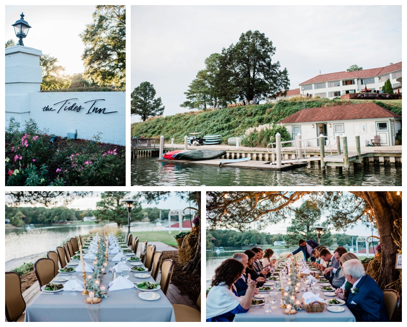 Wedding guests enjoy an intimate lakeside dinner at The Tides Inn in Irvington, Virginia.