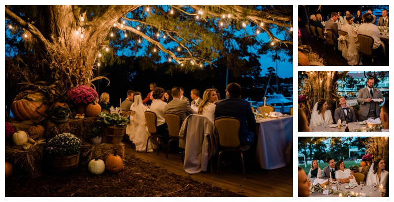 Bride, groom and wedding guests enjoy an intimate dinner at The Tides Inn in Irvington, Virginia.