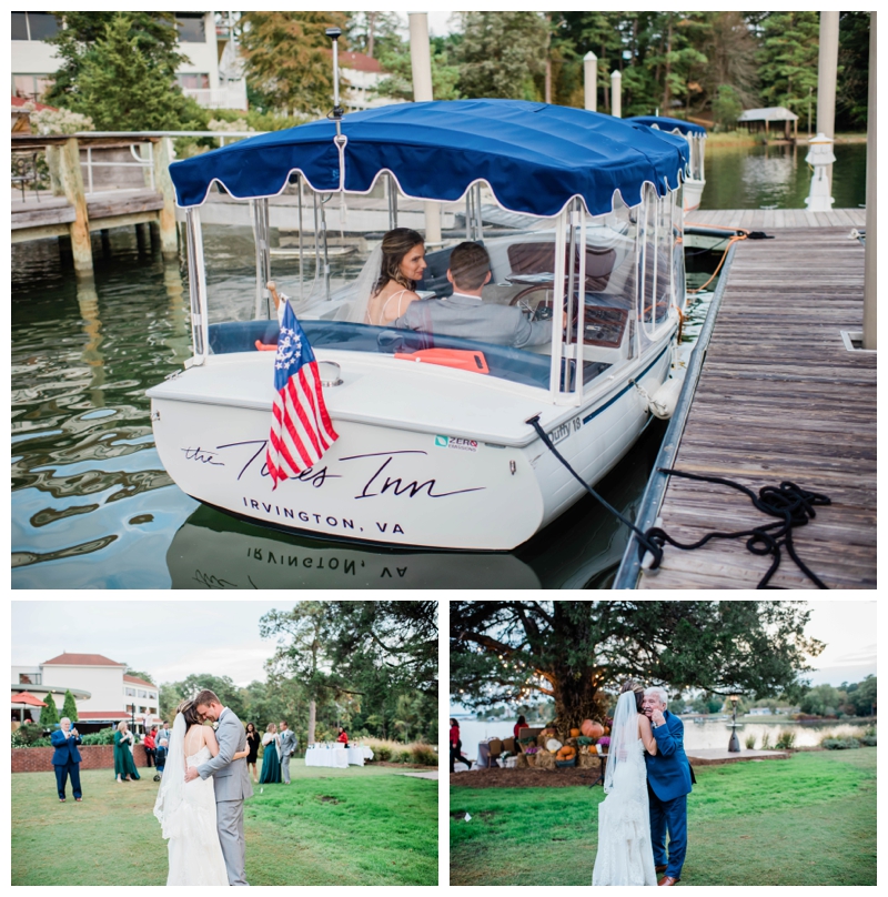 Bride and groom sail away in getaway boat at The Tides Inn in Irvington, Virginia.