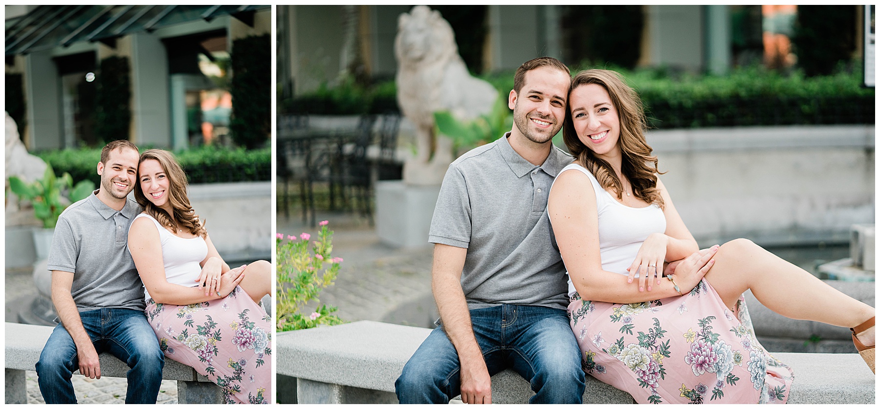 Newly engaged couple snuggle on a bench for their Naples Engagement photo shoot.