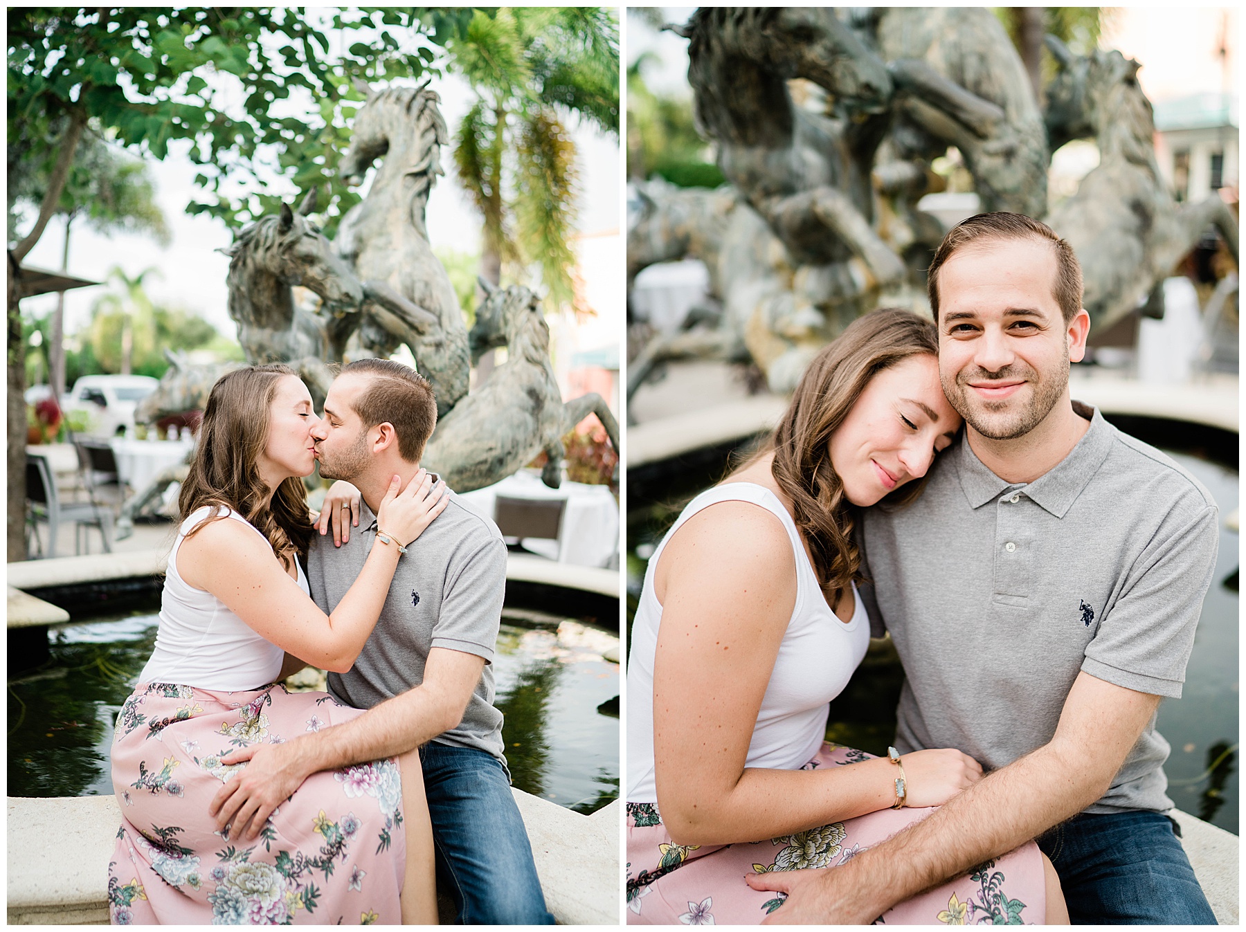Newly engaged couple snuggle and kiss in front of a fountain for their Naples Engagement photo shoot.