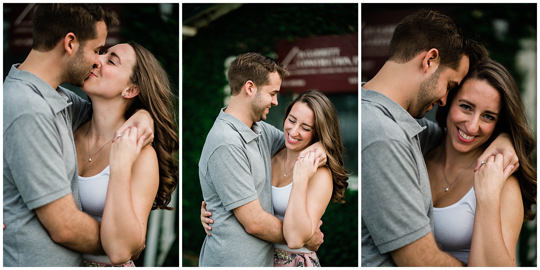 Newly engaged couple laugh and kiss for their Naples Engagement photo shoot.