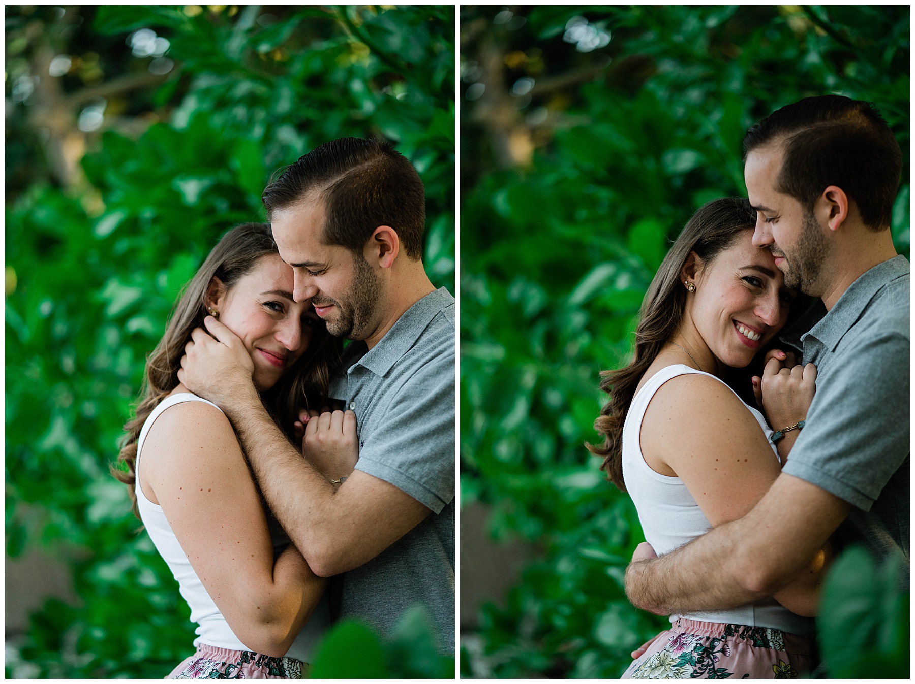 Newly engaged couple share an embrace for their Naples Engagement photo shoot.