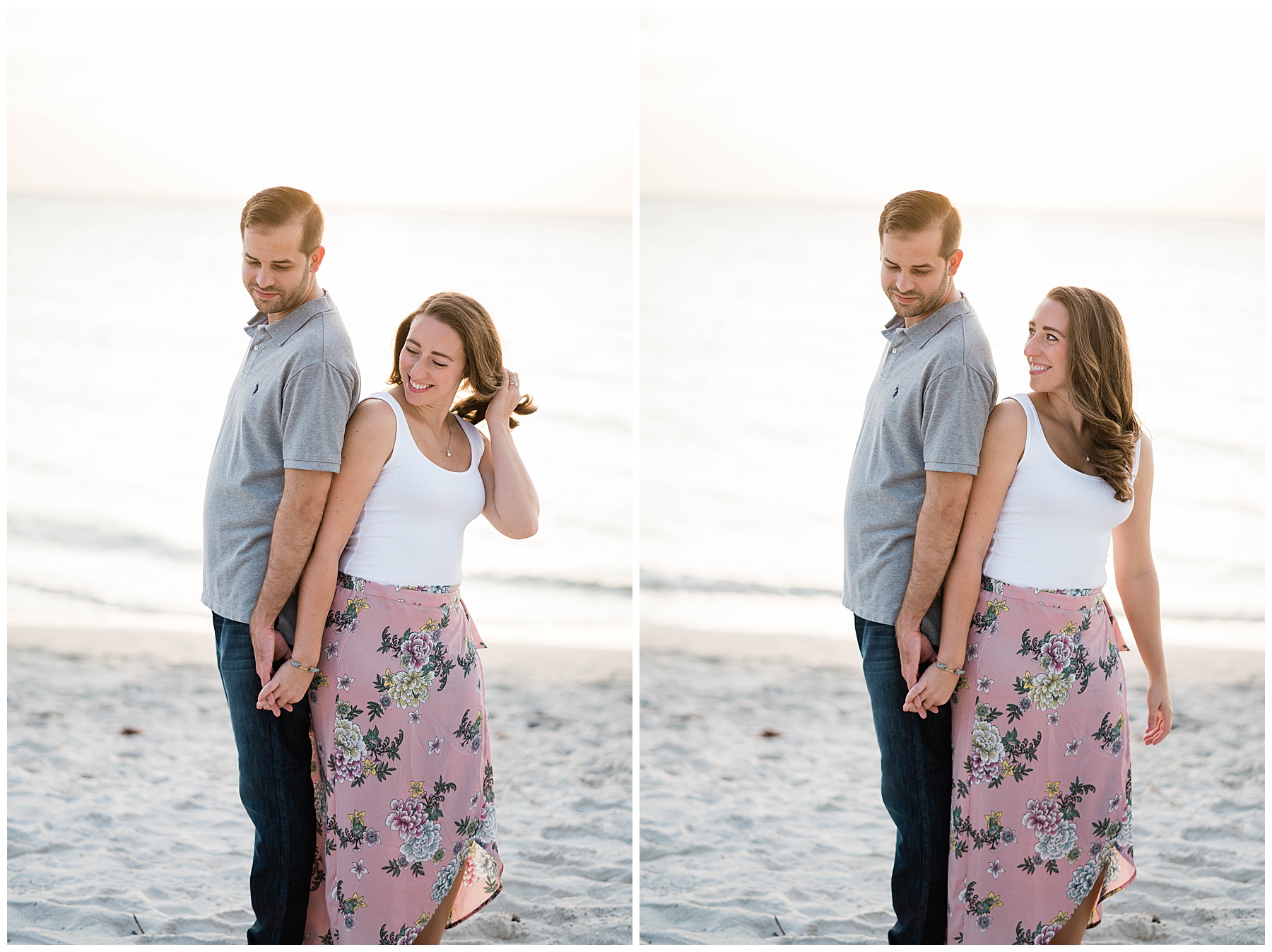 Newly engaged couple snuggle shoulder to shoulder for their Naples Engagement photo shoot.