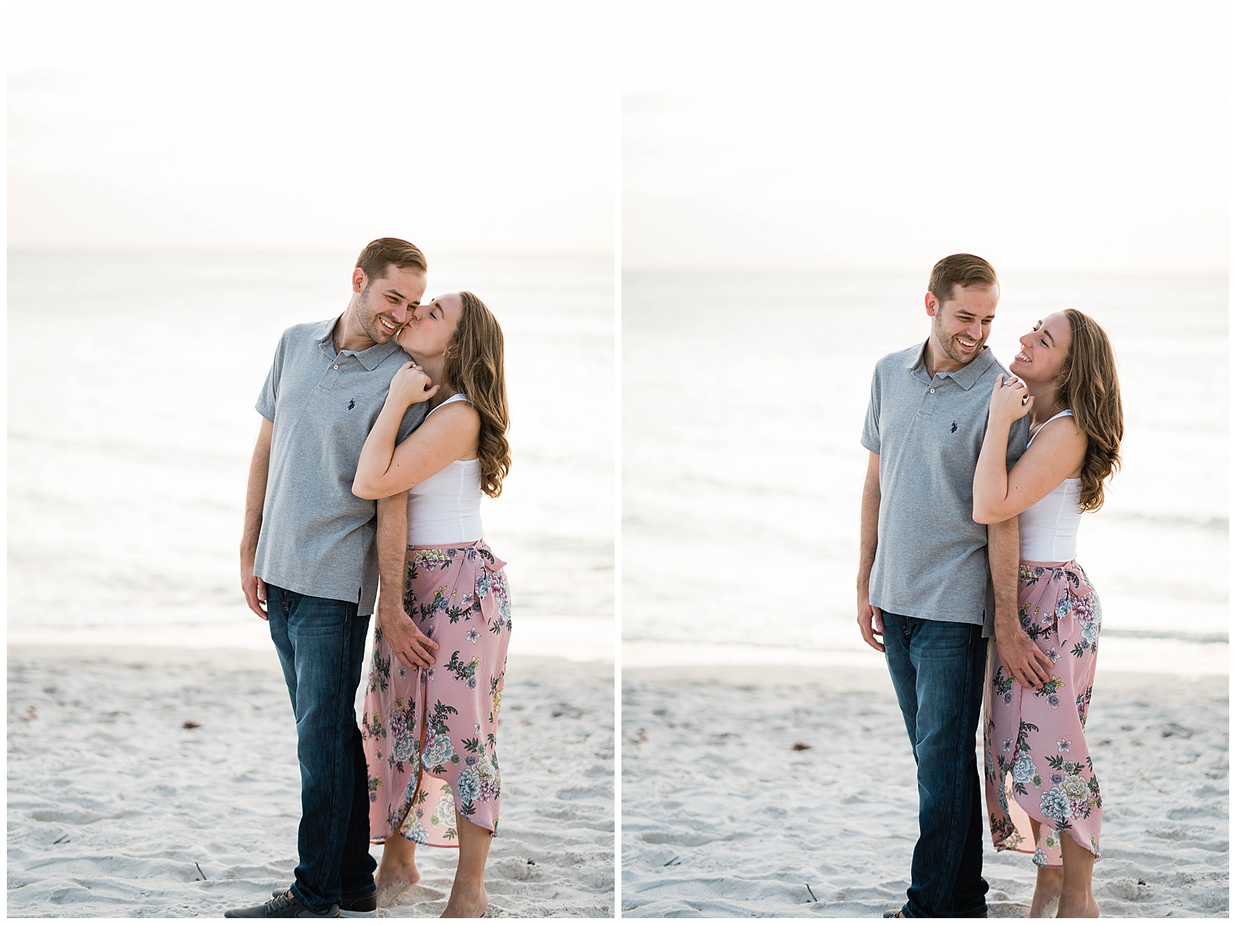 Newly engaged couple snuggle and kiss for their Naples Engagement photo shoot.