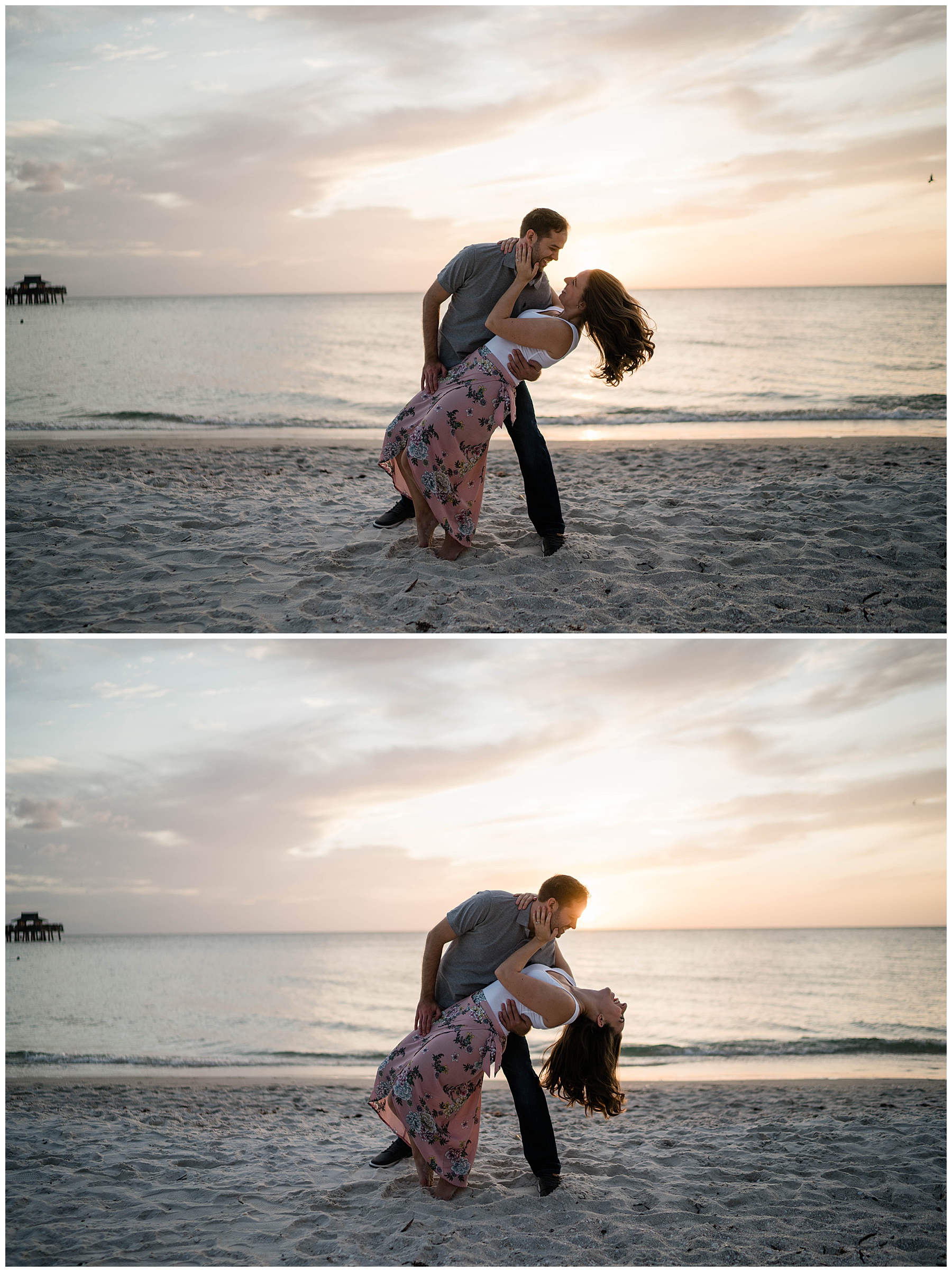 Newly engaged couple snuggle and kiss for their beach sunset Naples Engagement photo shoot.