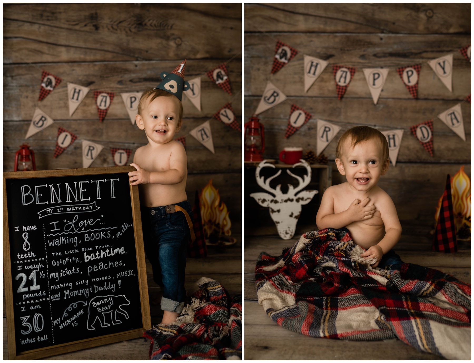 One year old baby boy smiles at his first birthday photo shoot captured by Fort Myers photographers.