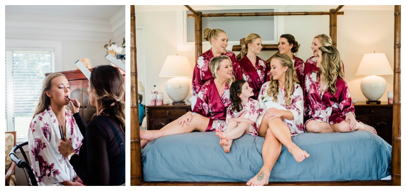 Bride gets ready on her wedding day with her bridesmaids in fall colored robes.