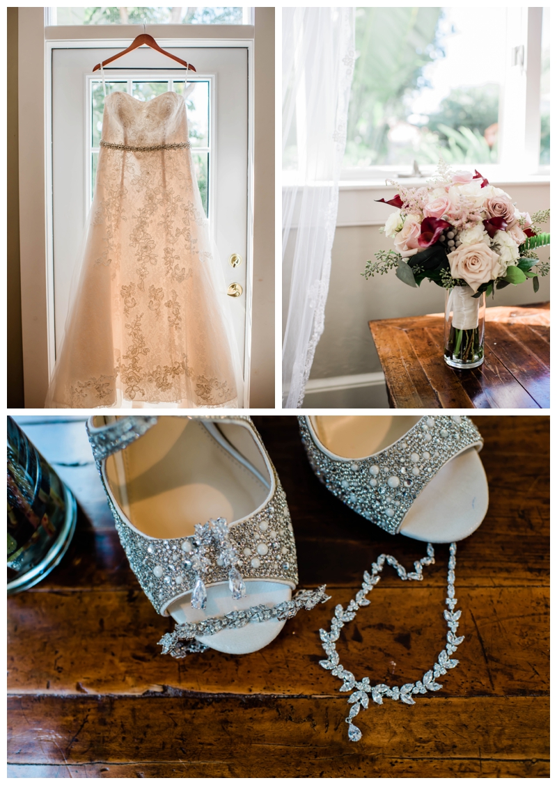 Southern style bridal details with gem studded bridal shoes and an autumn colored bouquet.