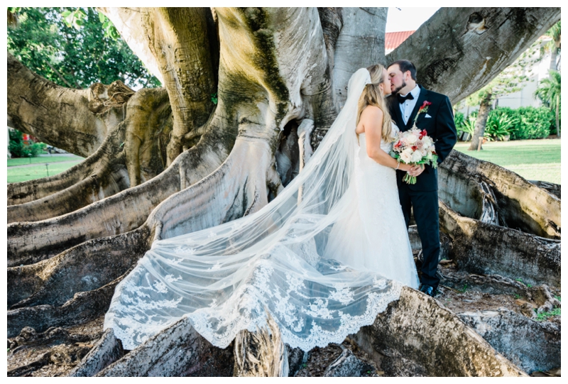 Bride's cathedral lace veil sweeps romantically over a large banyan tree as she kisses her new husband.