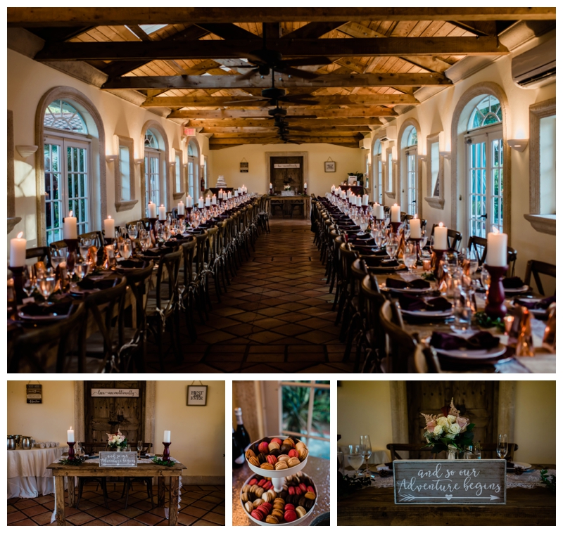 Dark wood and mahogany touches create the perfect setting for this romantic candlelit wedding dinner in Shangri-La Springs in Florida.