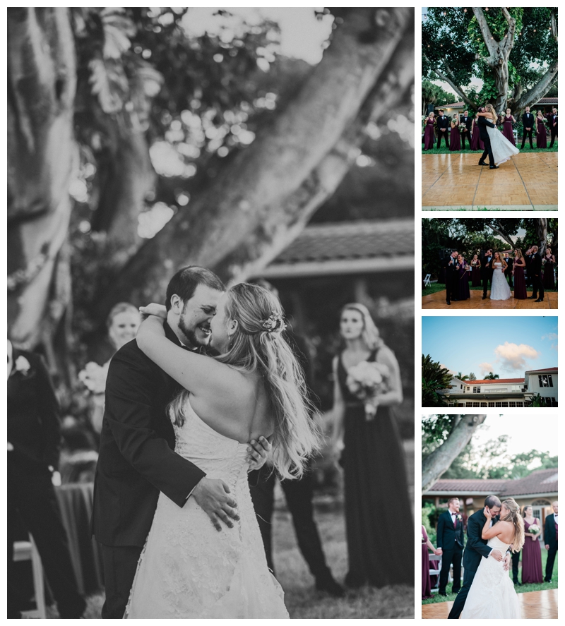 Bride and groom dance and kiss among loved ones on wedding day in Bonita Springs, Florida.