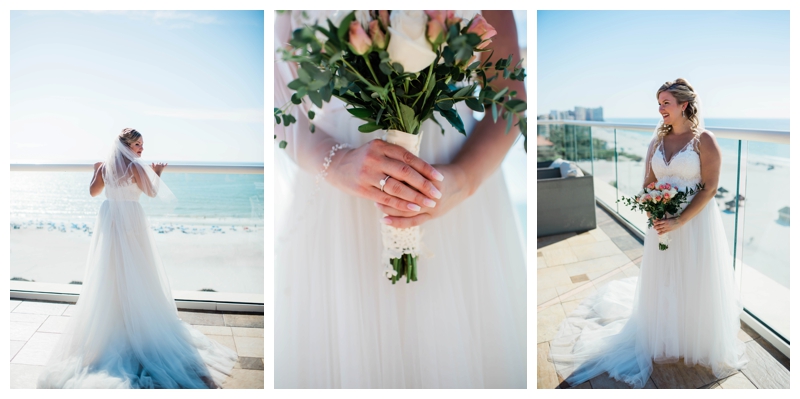Bride excitedly peers out onto Marco Island beach atop resort rooftop.