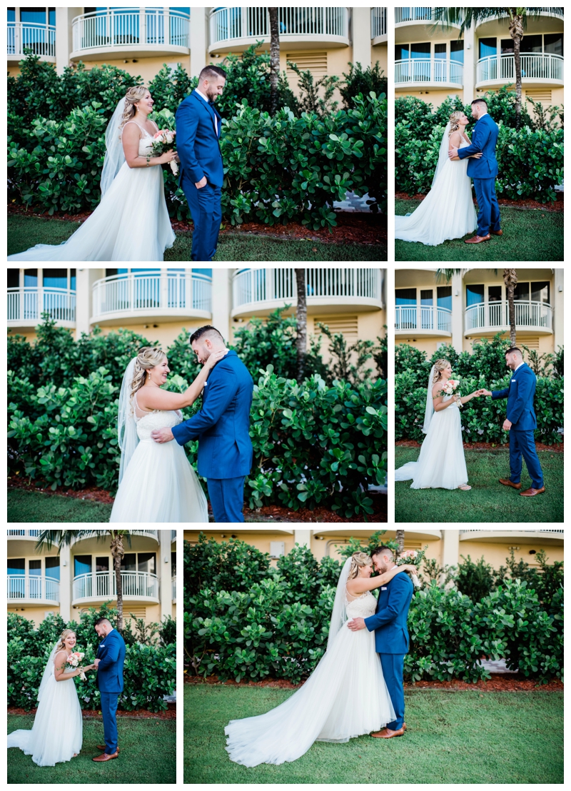 Bride and groom embrace and kiss excitedly during wedding day first look in Marco Island, Florida.