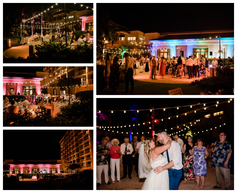 Wedding guests dance under string festival lights at the JW Marriott Marco Island Beach Resort.