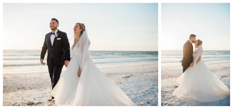Bride and groom laugh with excitement on beach wedding day in South Florida.