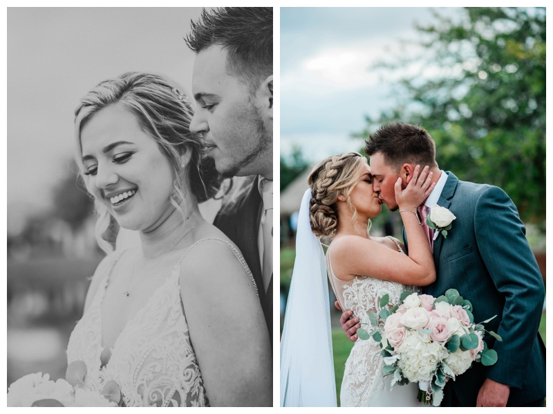 Bride and groom kiss during wedding day portraits