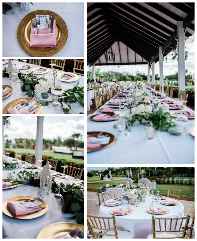 Gold, blush pink and eucalyptus greenery don reception tables at The Haze wedding day in Bonita Springs, Florida.