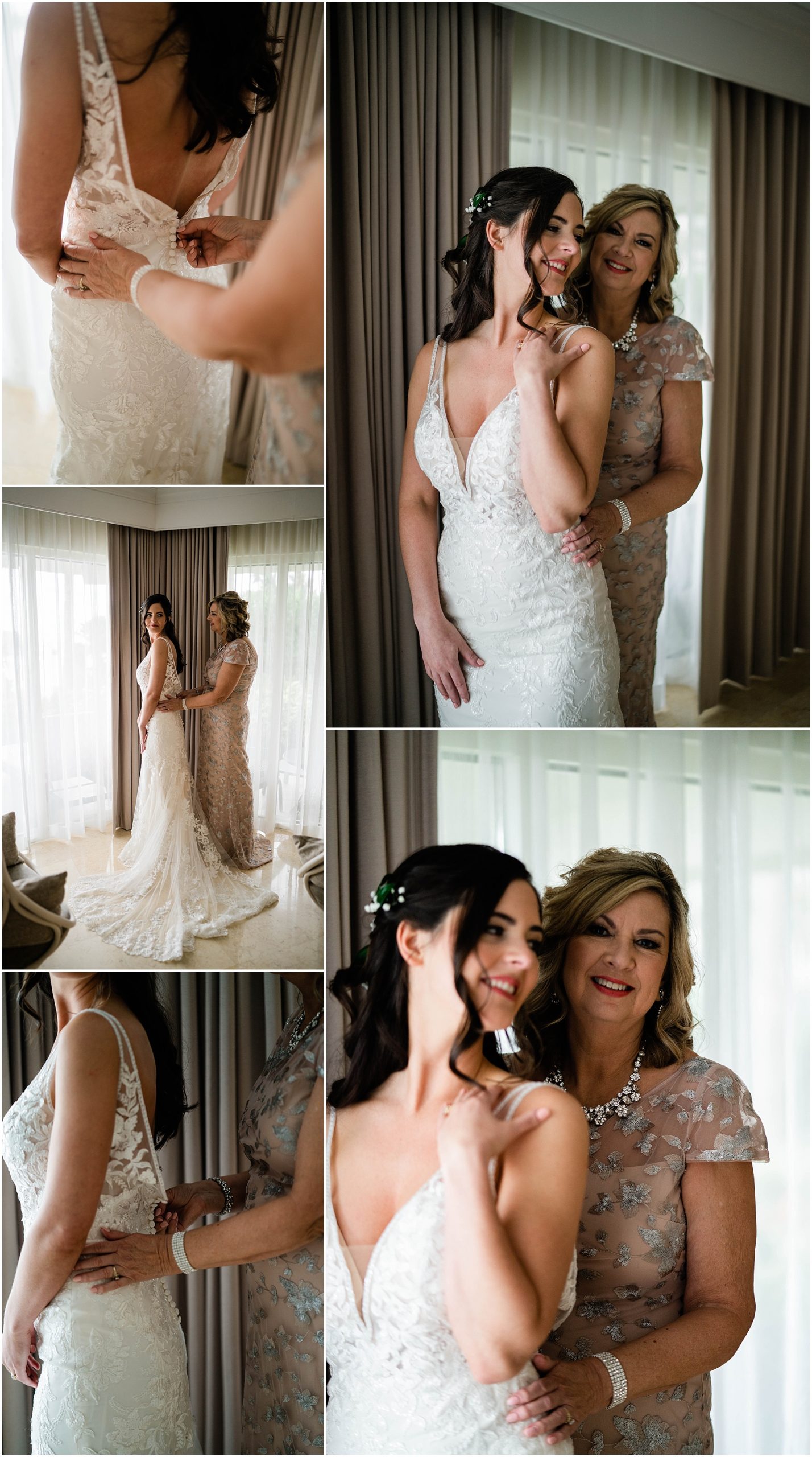 Mother of the bride zips bride's wedding gown on wedding day at JW Marriott Marco Island in Florida.