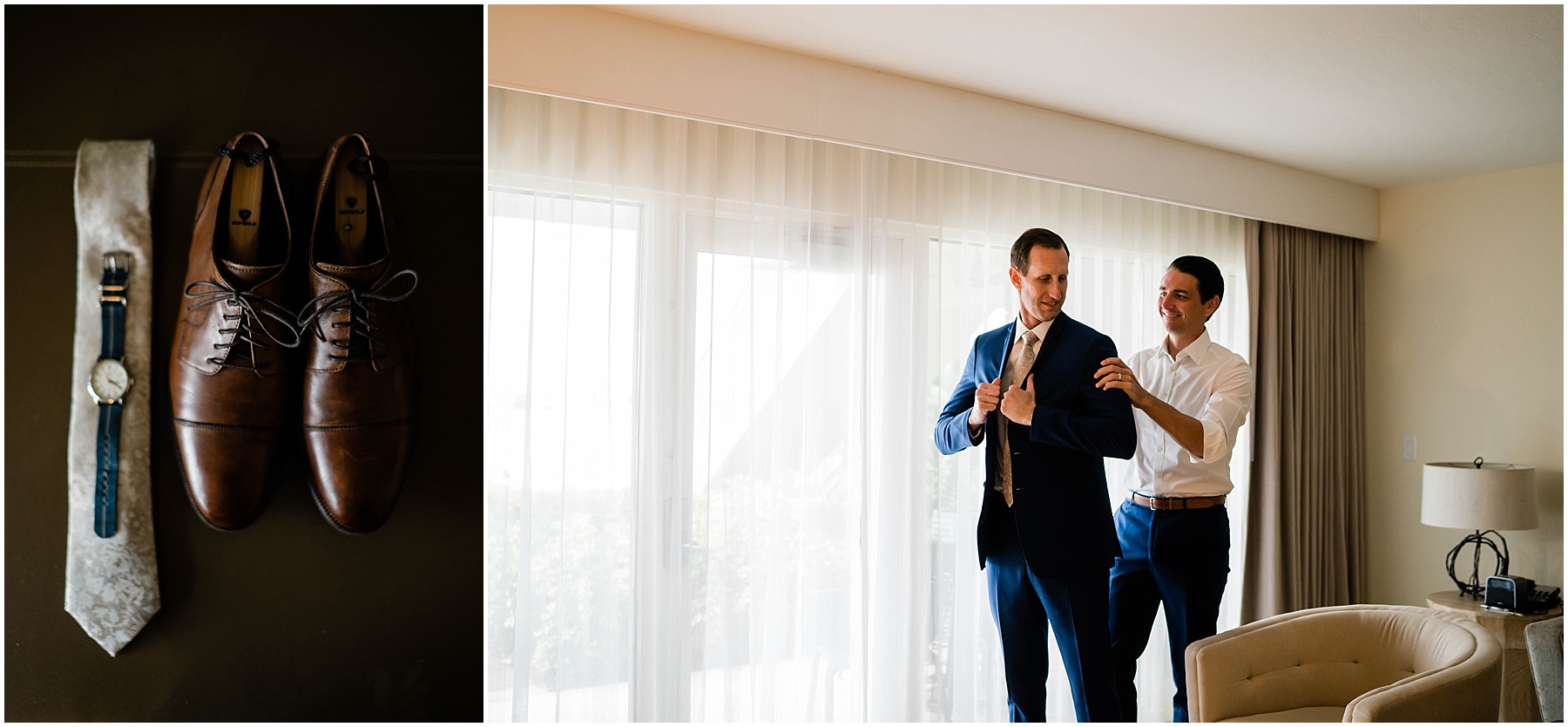 Groomsmen helps groom dress in final details on wedding day at JW Marriott Marco Island in Florida.
