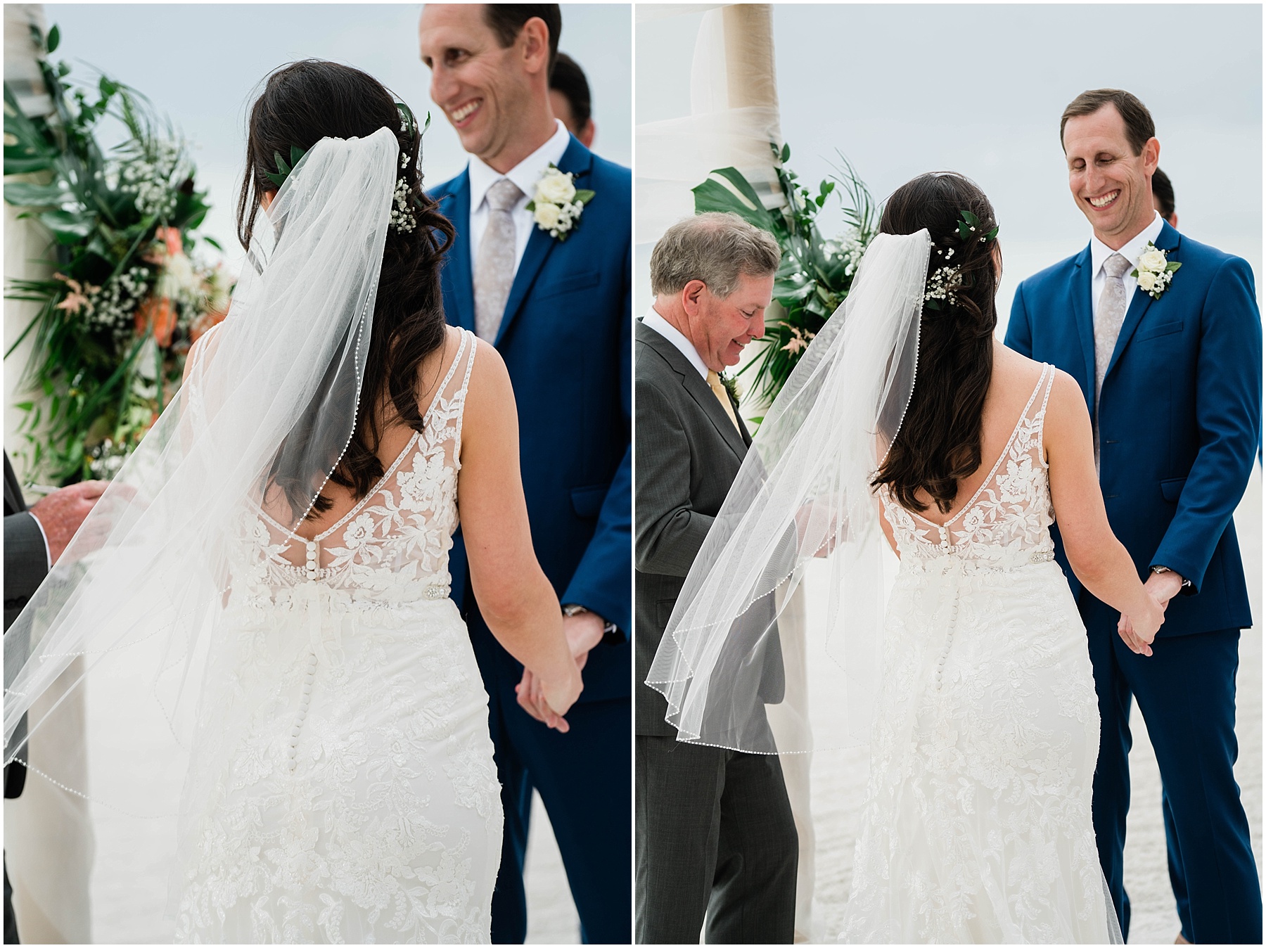 Bride and groom join hands at the altar on wedding day at JW Marriott Marco Island in Florida.