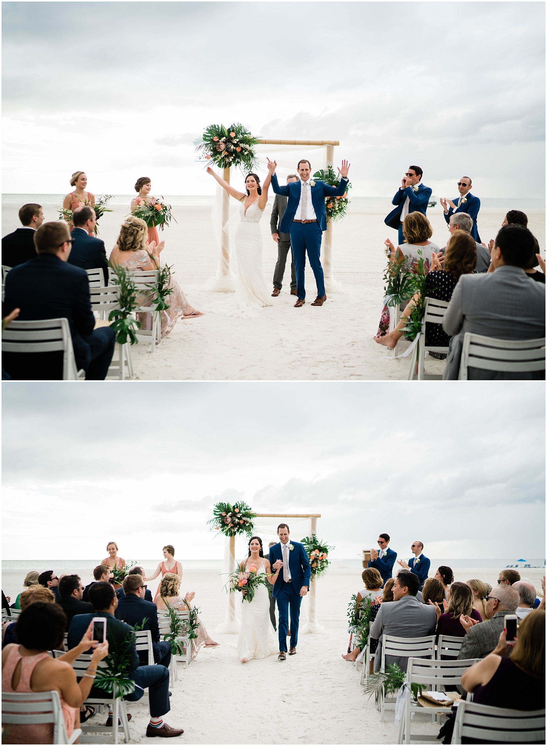 Bride and groom celebrate their marriage on the beach on wedding day at JW Marriott Marco Island in Florida.