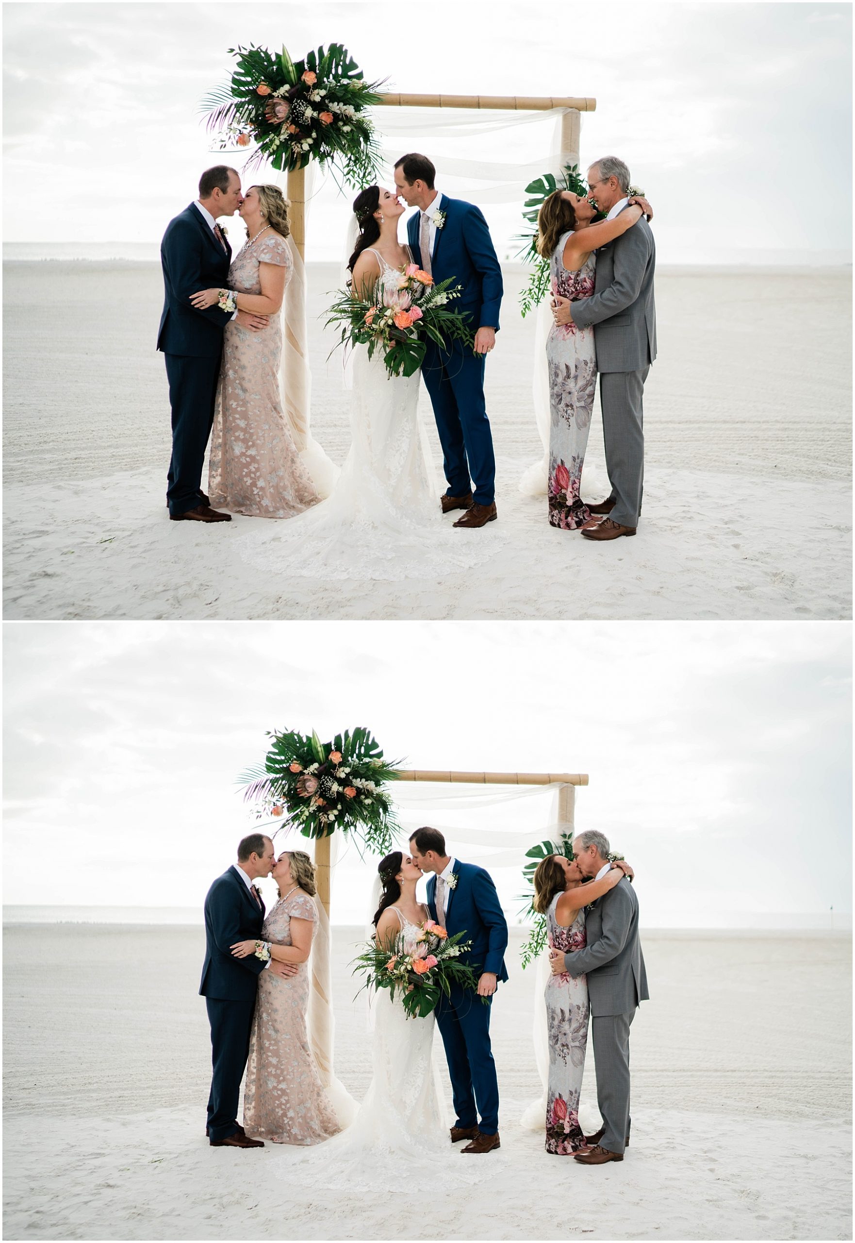 Parents of bride and groom share anniversary kiss on wedding day at JW Marriott Marco Island in Florida