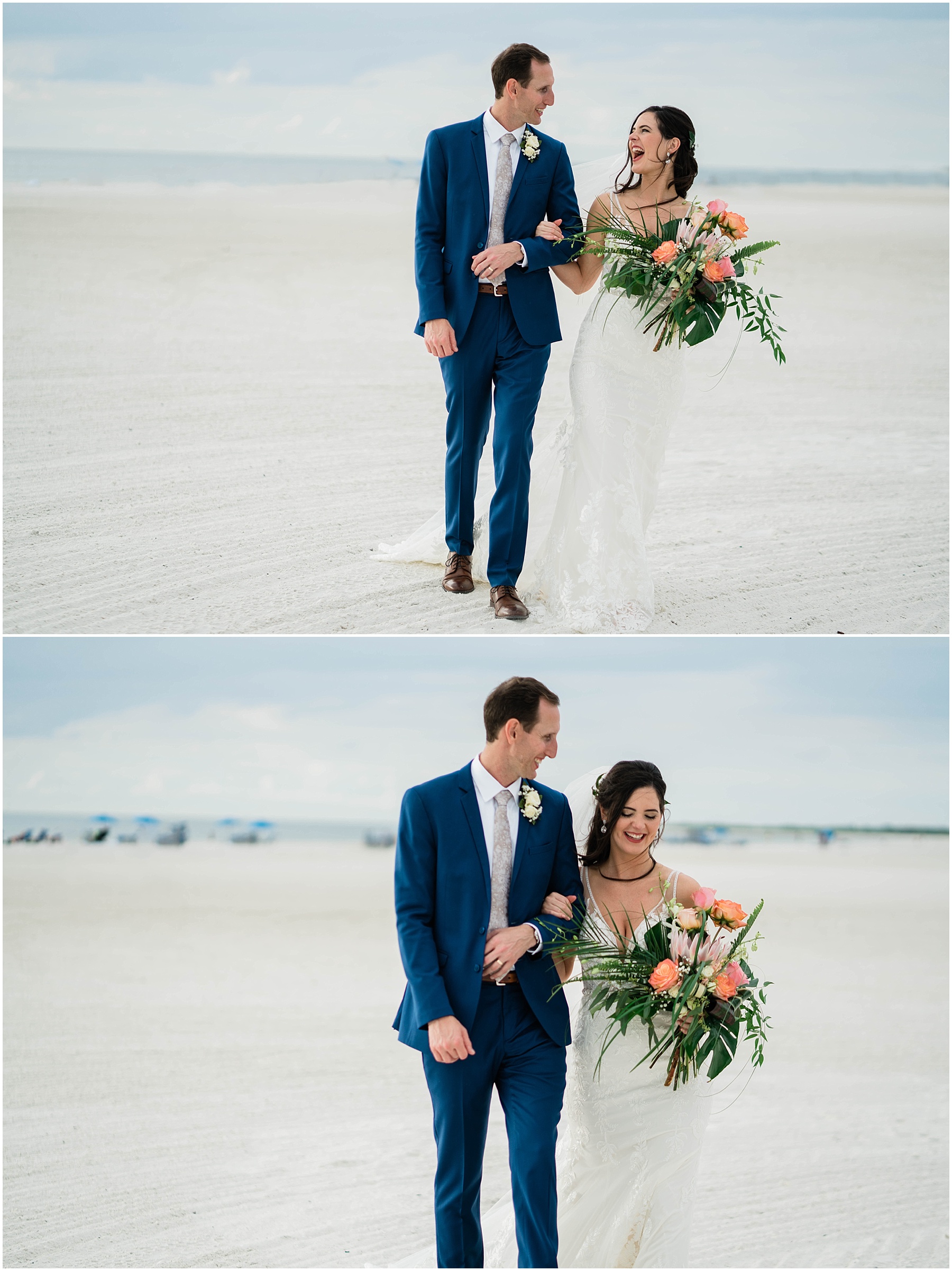 Bride and groom laugh on the beach on wedding day at JW Marriott Marco Island in Florida