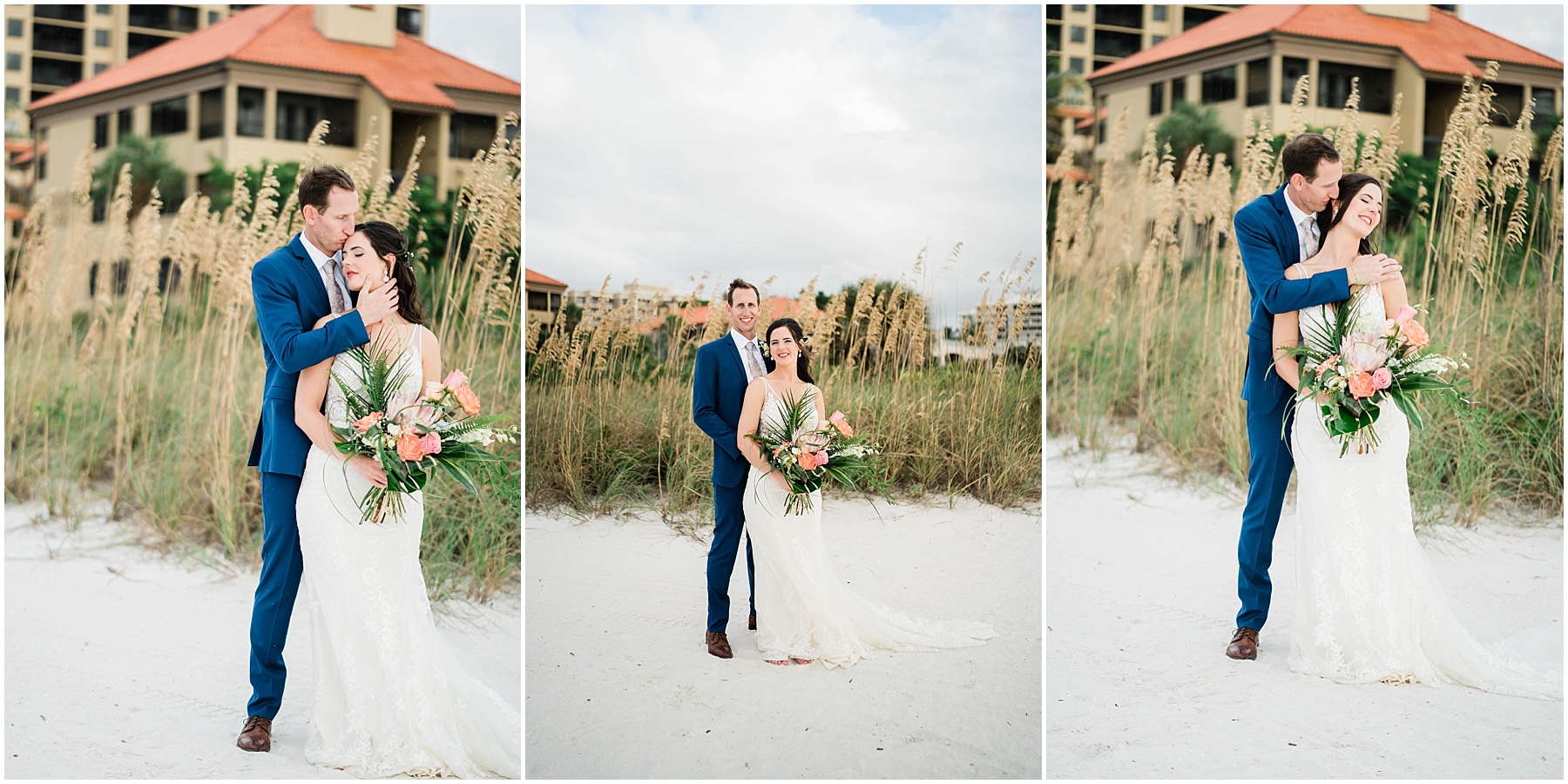 Bride and groom embrace on the beach on wedding day at JW Marriott Marco Island in Florida