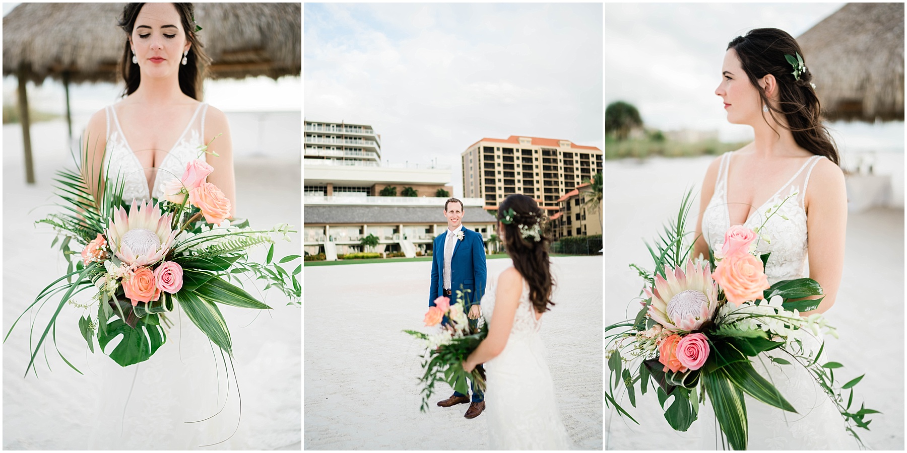 Bride poses with tropical bouquet on wedding day at JW Marriott Marco Island in Florida.