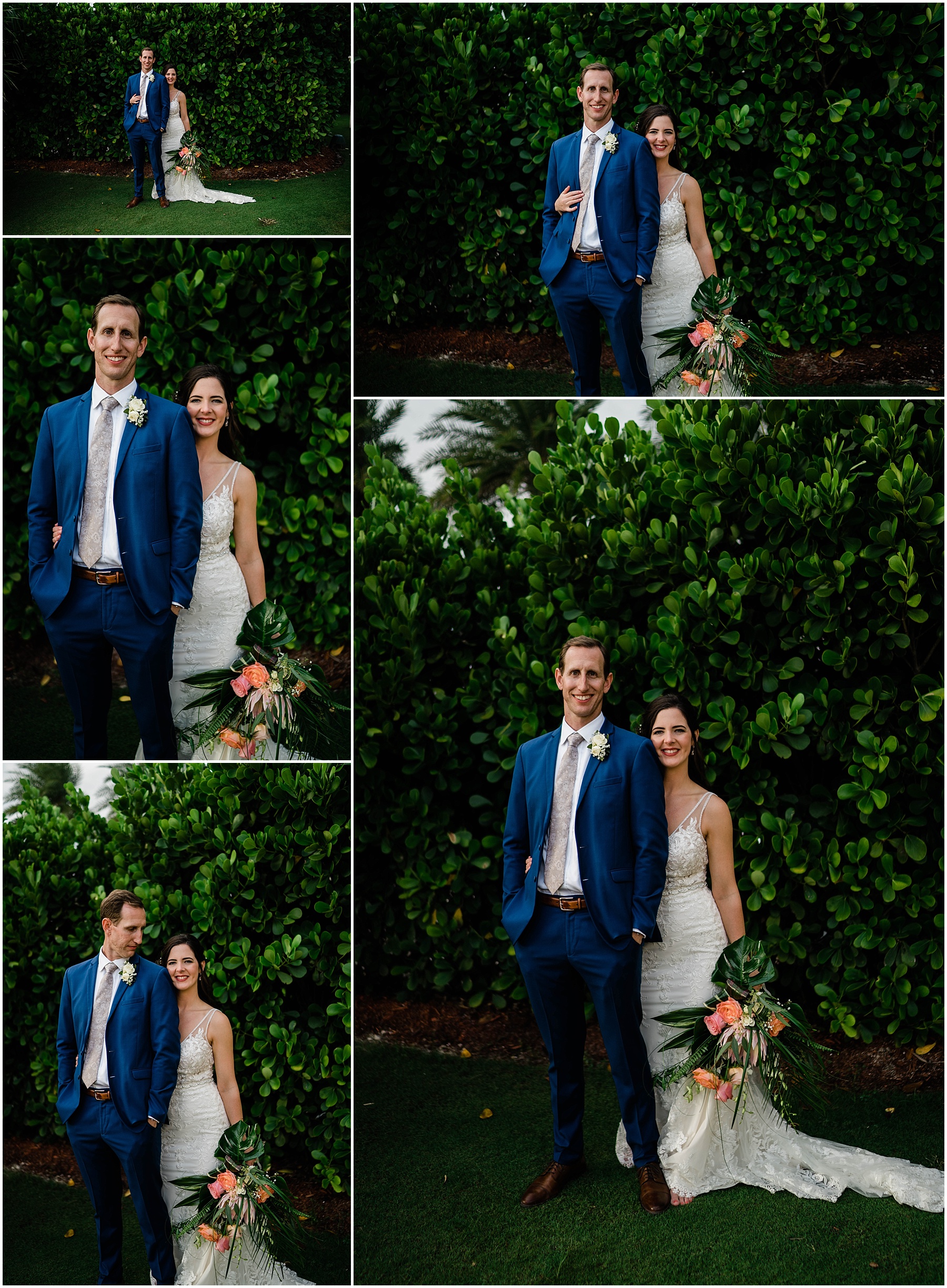 Bride and groom pose in greenery at JW Marriott Marco Island in Florida.