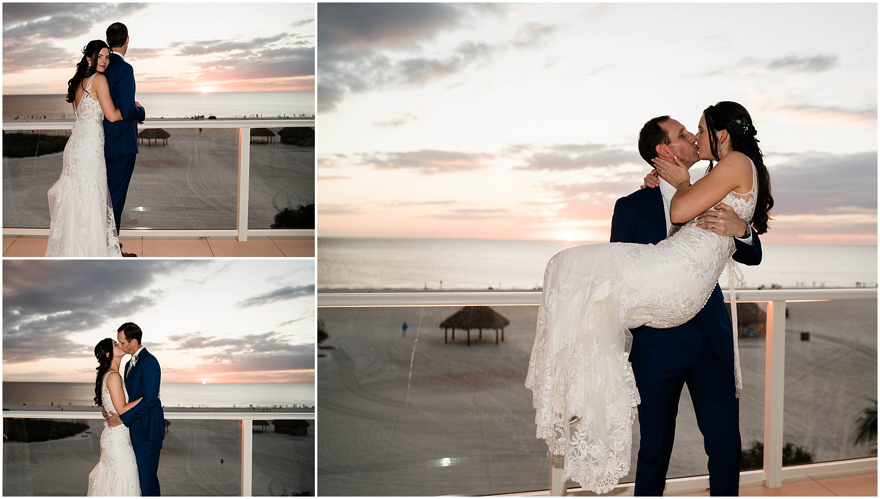 Bride and groom kiss at sunset at JW Marriott Marco Island in Florida.