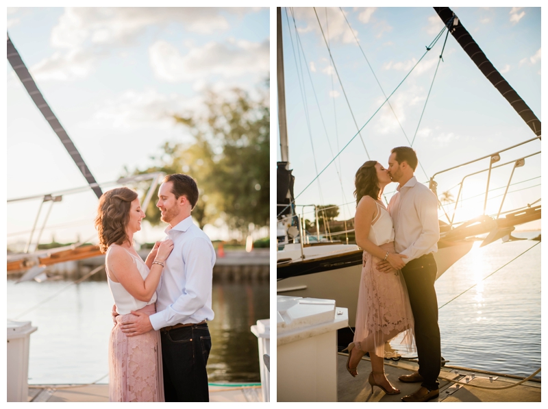 Bride and groom to be share a kiss during their sunset engagement session.