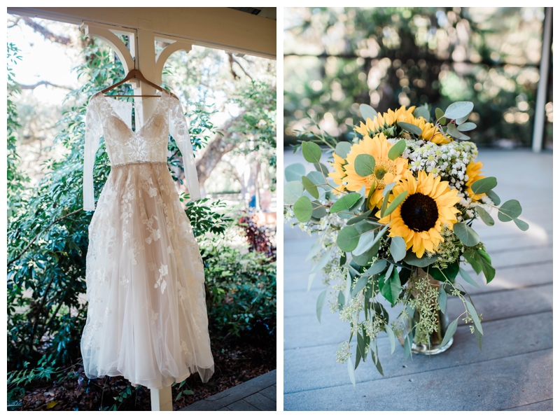 Southwest Florida bride's long sleeved wedding gown hangs with sunflower bridal bouquet