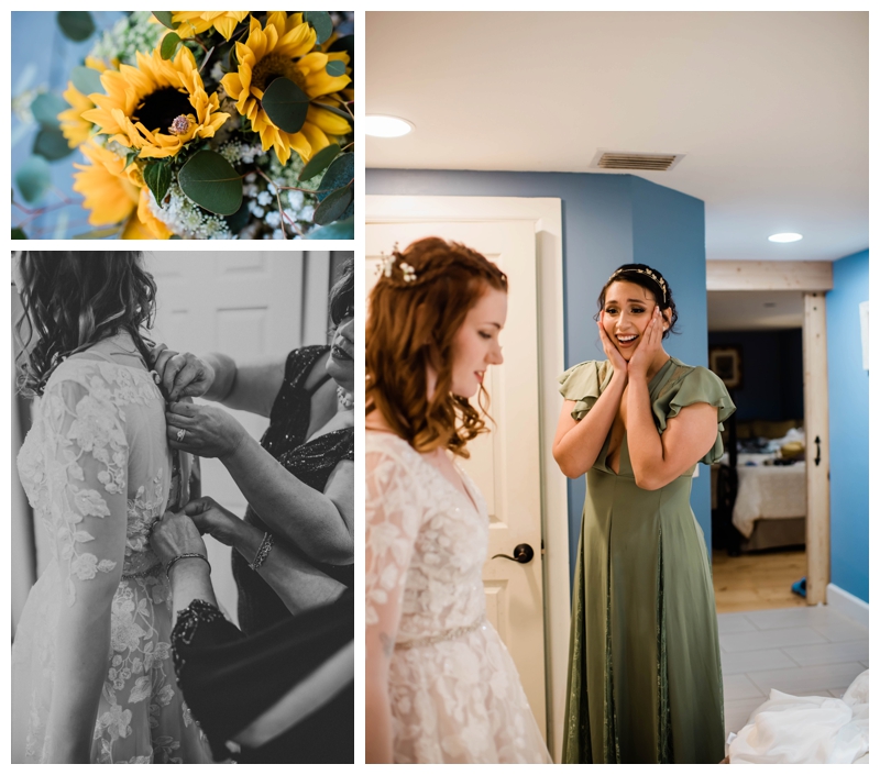 Maid of honor excitedly reacts to seeing bride in her wedding dress for the first time.