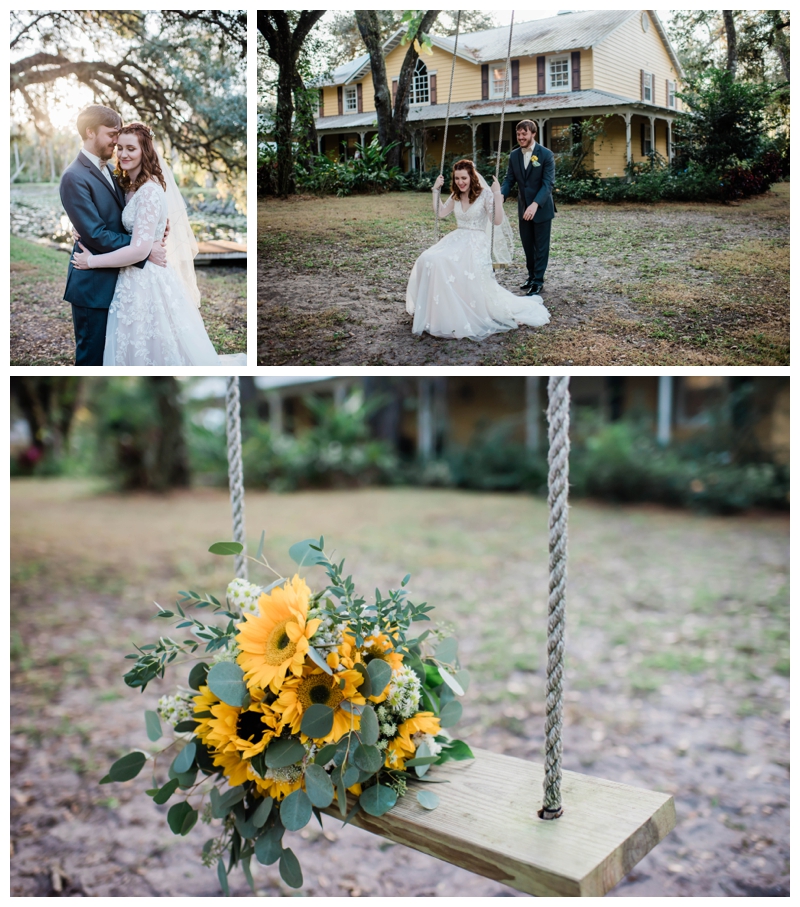 Bride and groom swing on tree swing at Arching Oaks Ranch in Florida.