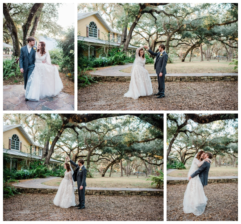 Bride and groom dance among oak trees at Arching Oaks Ranch wedding day.