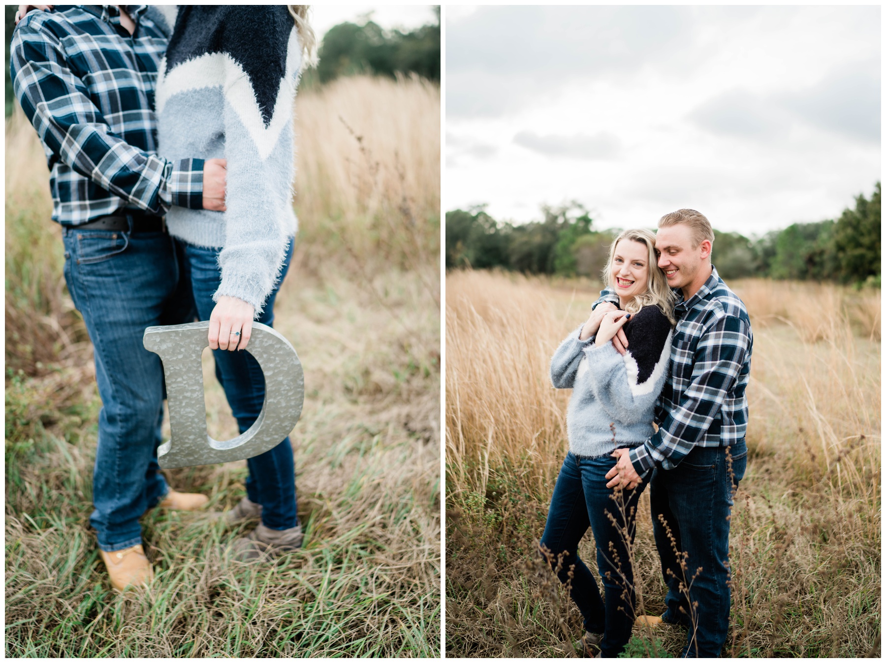 Engaged couple embraces in meadow setting during Southwest Florida photo shoot.