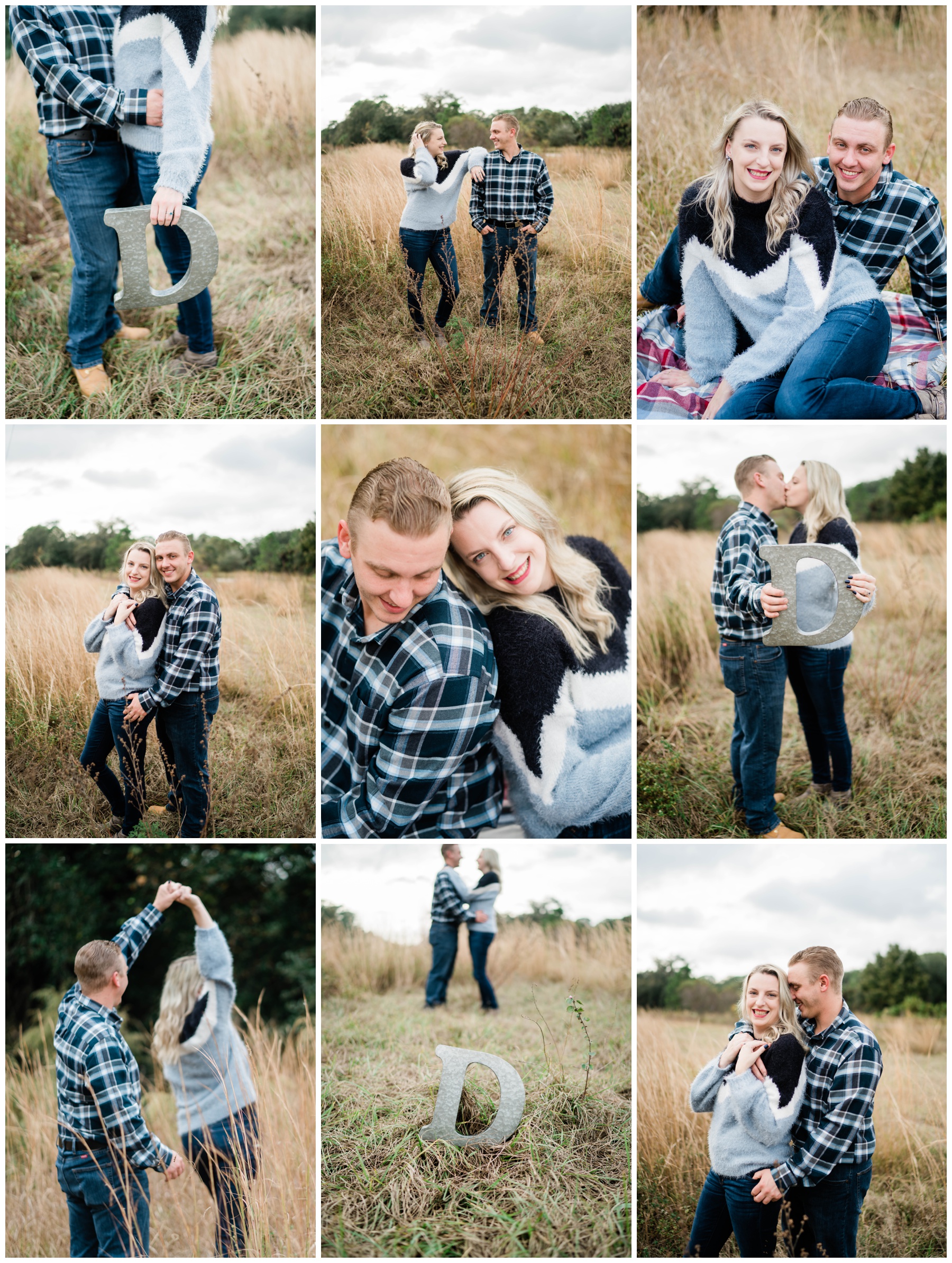 Engaged couple embraces and dances at Southwest Florida meadow during photo shoot. 