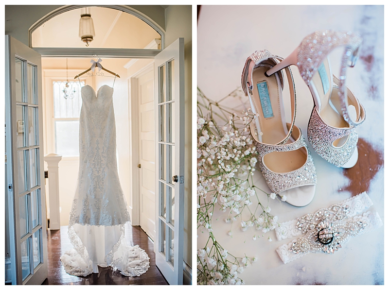 Studded beaded silver bridal heels paired with form fitting lace bridal gown for garden wedding