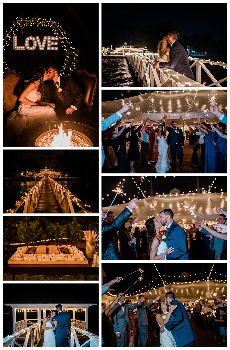 Wedding guests celebrate under twinkle lights with sparklers and s'mores in Southwest Florida winter wedding