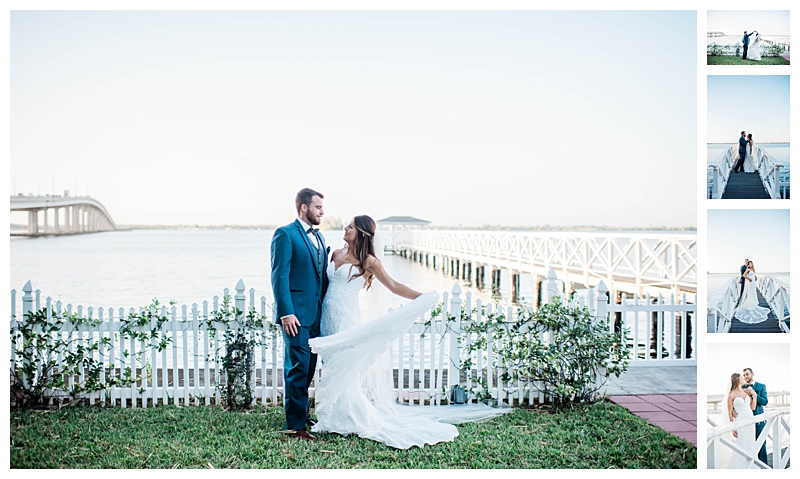 Bride and groom stand waterfront on scenic winter Southwest Florida wedding day