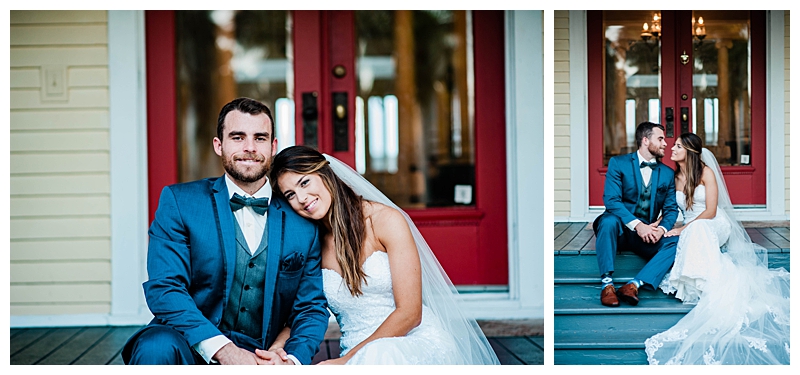 Bride and groom snuggle on porch steps in front of Southwest Florida wedding venue The Heitman House