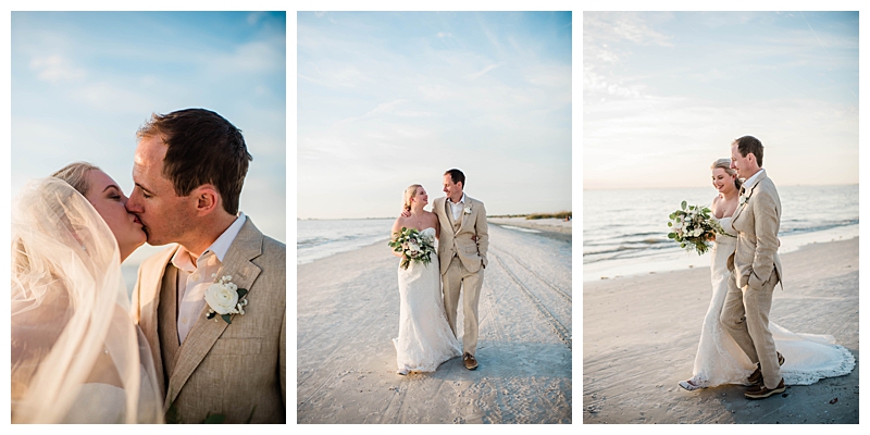 Bride and groom enjoy the sunset on the beach at Pink Shell Beach Resort & Marina