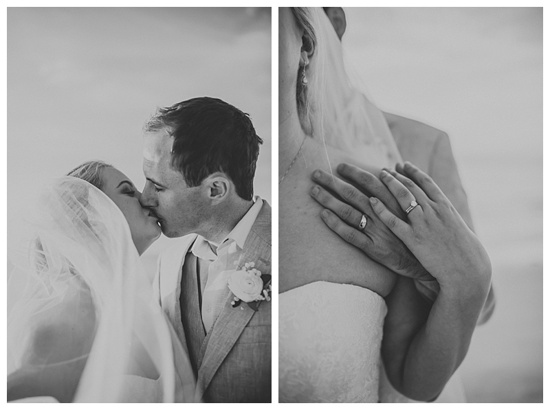 Black and white portrait of newlyweds kissing in Southwest Florida