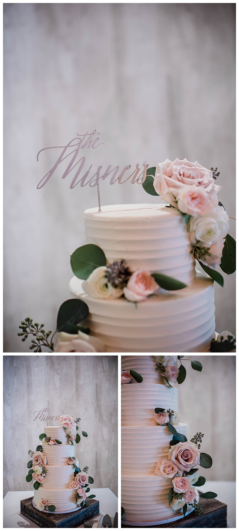 Pale blush 4 tier buttercream wedding cake with pale pink and white florals and eucalyptus detailing