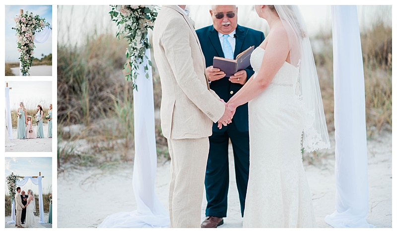 Bride and groom hold hands during Florida beach ceremony